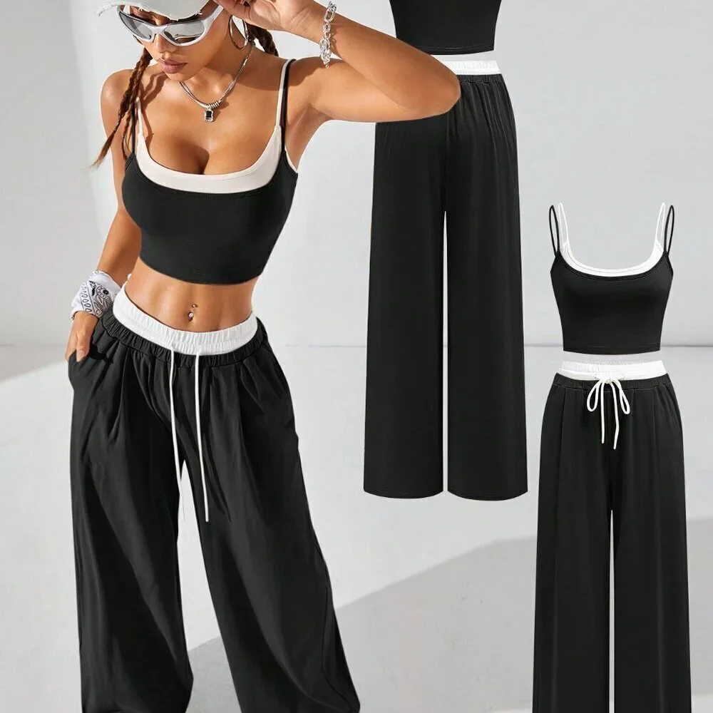Black and White Casual Women's Sport Knit Tank Top & Sweatpants